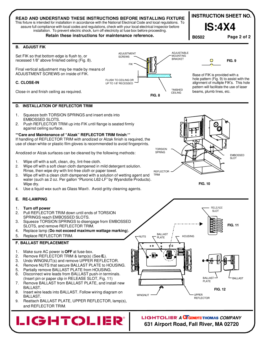 Lightolier IS:4X4 instruction sheet Adjust FIK, Close-In, Installation of Reflector Trim, Re-Lamping, Ballast Replacement 