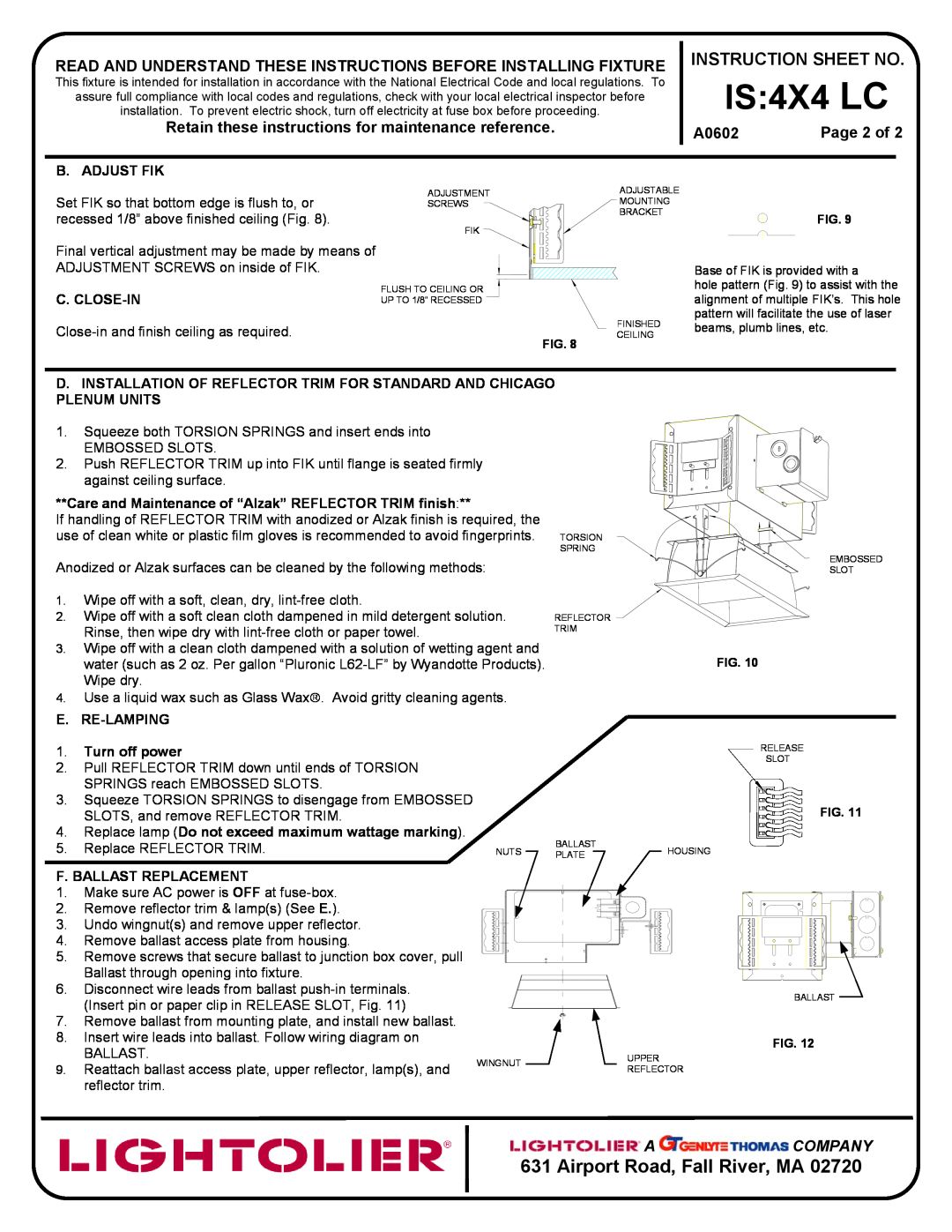 Lightolier IS:4X4LC Page 2 of, Company, IS 4X4 LC, Airport Road, Fall River, MA, Instruction Sheet No, A0602 