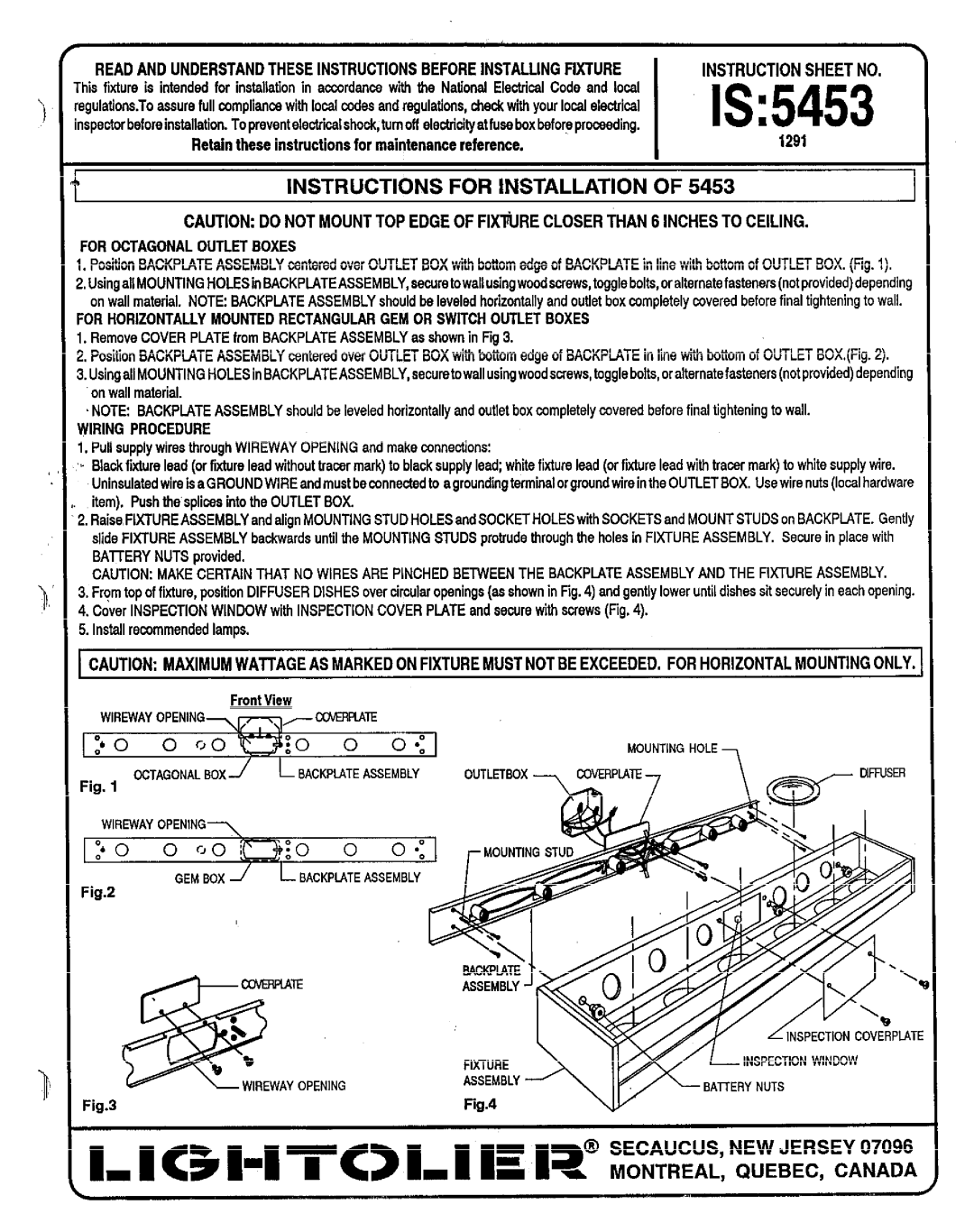 Lightolier IS:5453 instruction sheet Is, Instructions For Installation Of 