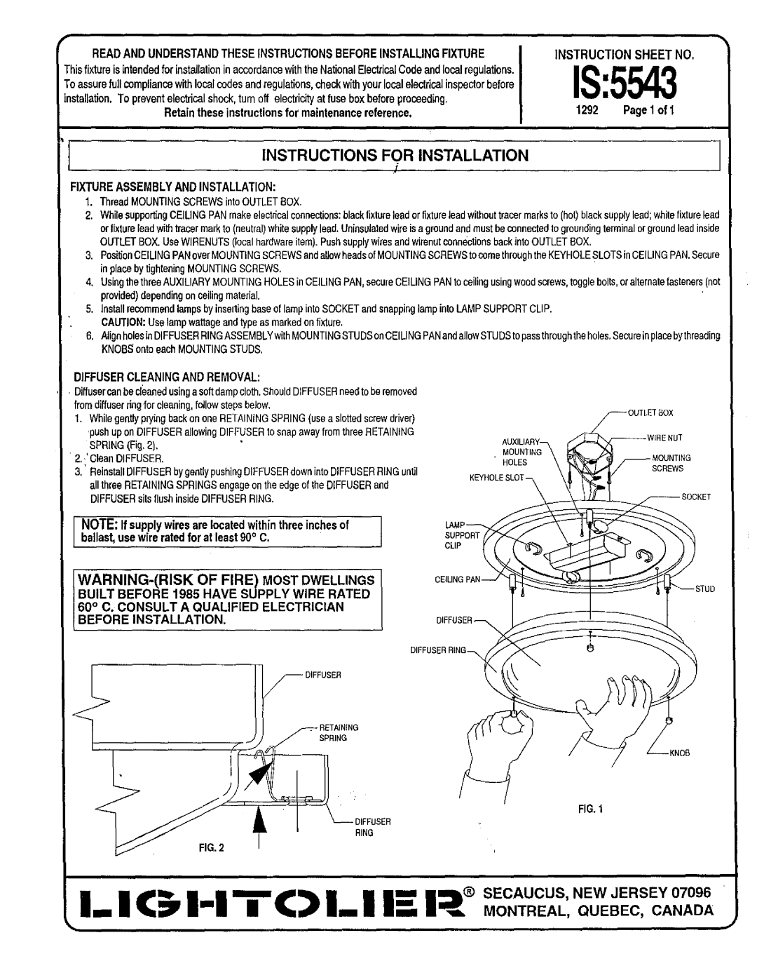 Lightolier IS:5543 instruction sheet IS5543, Instructions for Installation, Xture Assembly and Installation 