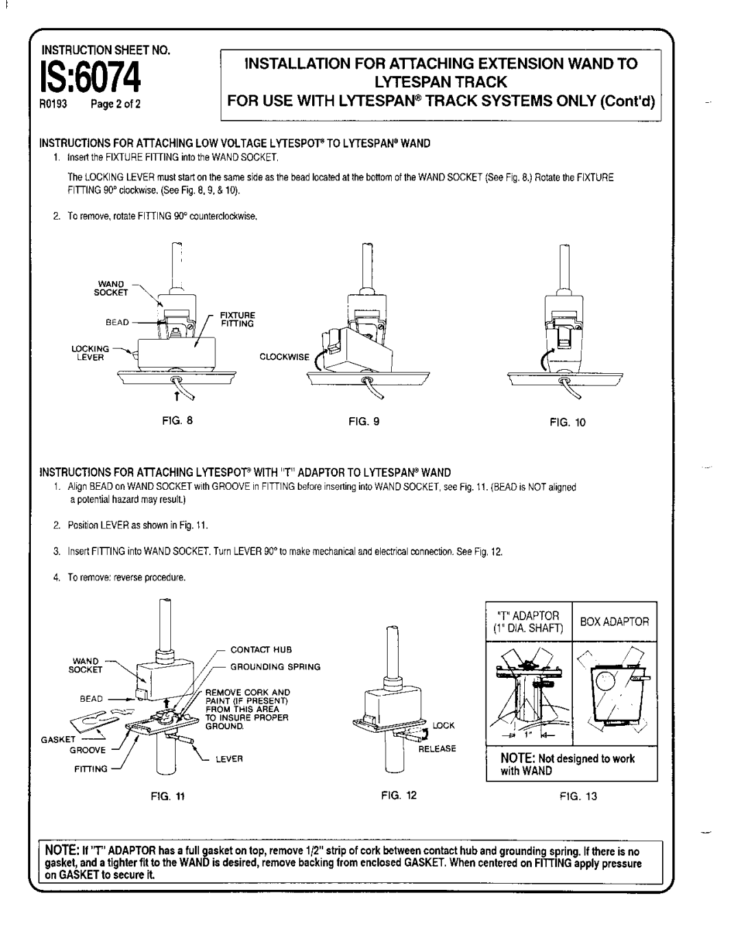 Lightolier IS:6074 instruction sheet 1S6074, Installation for Aitaching Extension Wand to, Lytespan Track, RO193 Page 2 