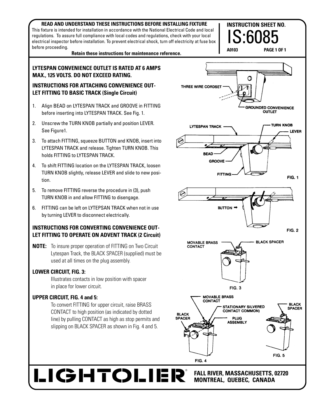 Lightolier IS:6085 instruction sheet IS6085, Instruction Sheet no, Lower CIRCUIT, FIG, Upper CIRCUIT 