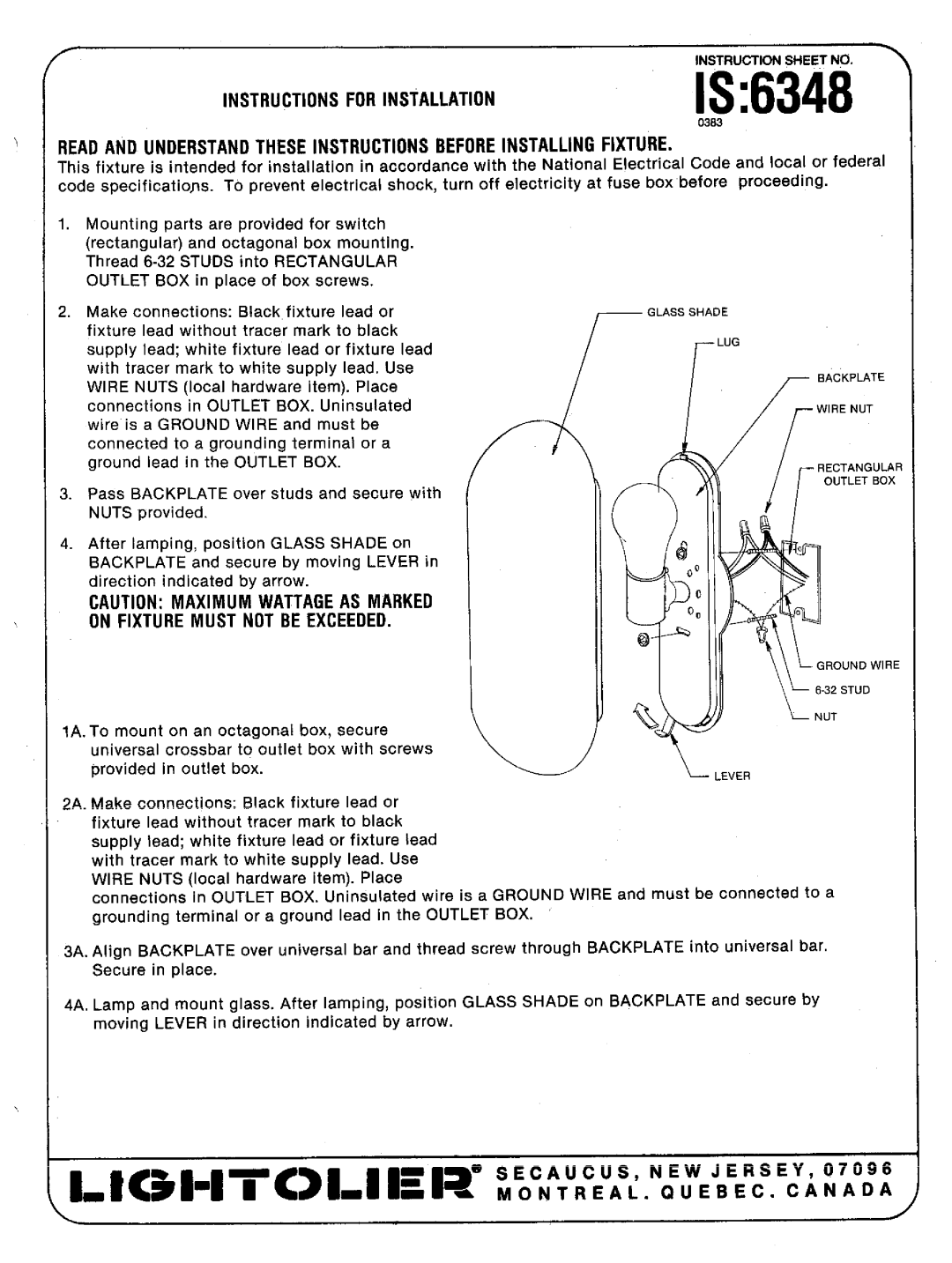 Lightolier IS:6348 instruction sheet IS6348, ’- ‘Ackpla, Instructions for Installation, On Fixture Must not be Exceeded 