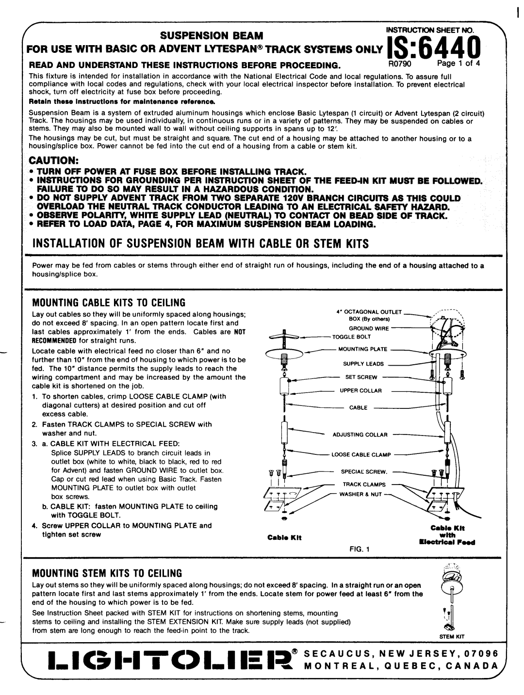 Lightolier IS:6440 instruction sheet Installation of Suspension Beam with Cable or Stem Kits 