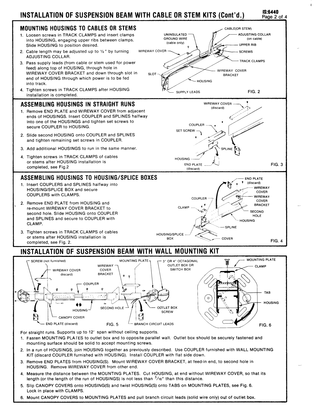 Lightolier IS:6440 instruction sheet Installation of Suspension Beam with Wall Mounting KIT 