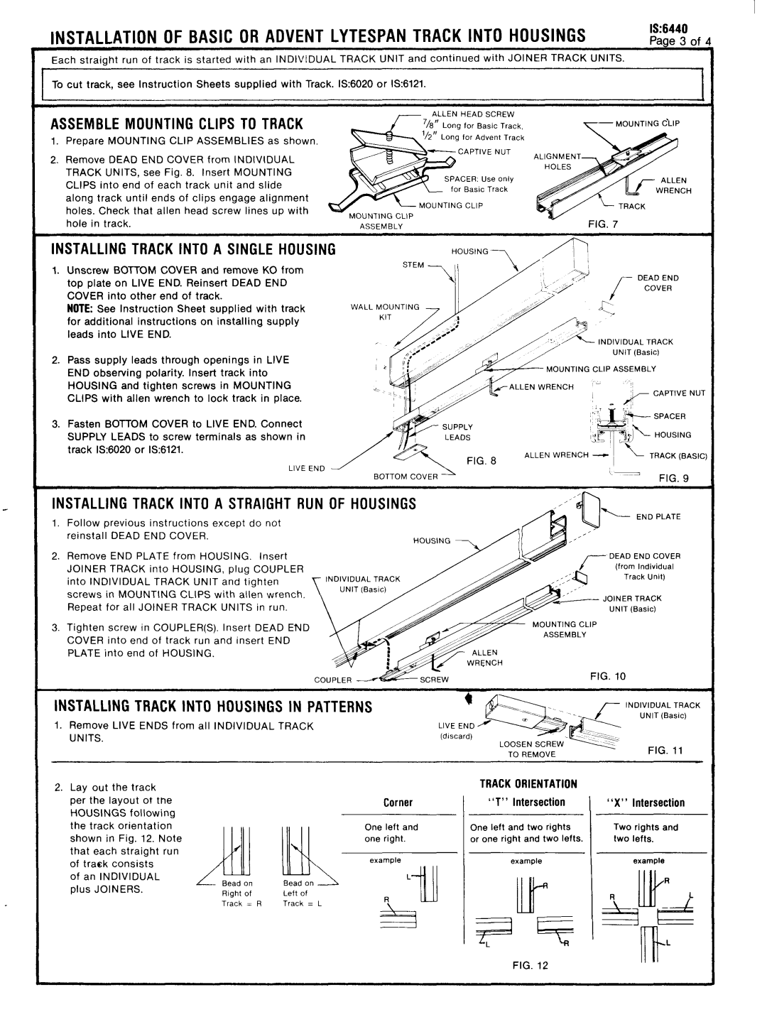 Lightolier IS:6440 instruction sheet Assemble Mounting Clips to Track, Installing Track Into Housings in Patterns 