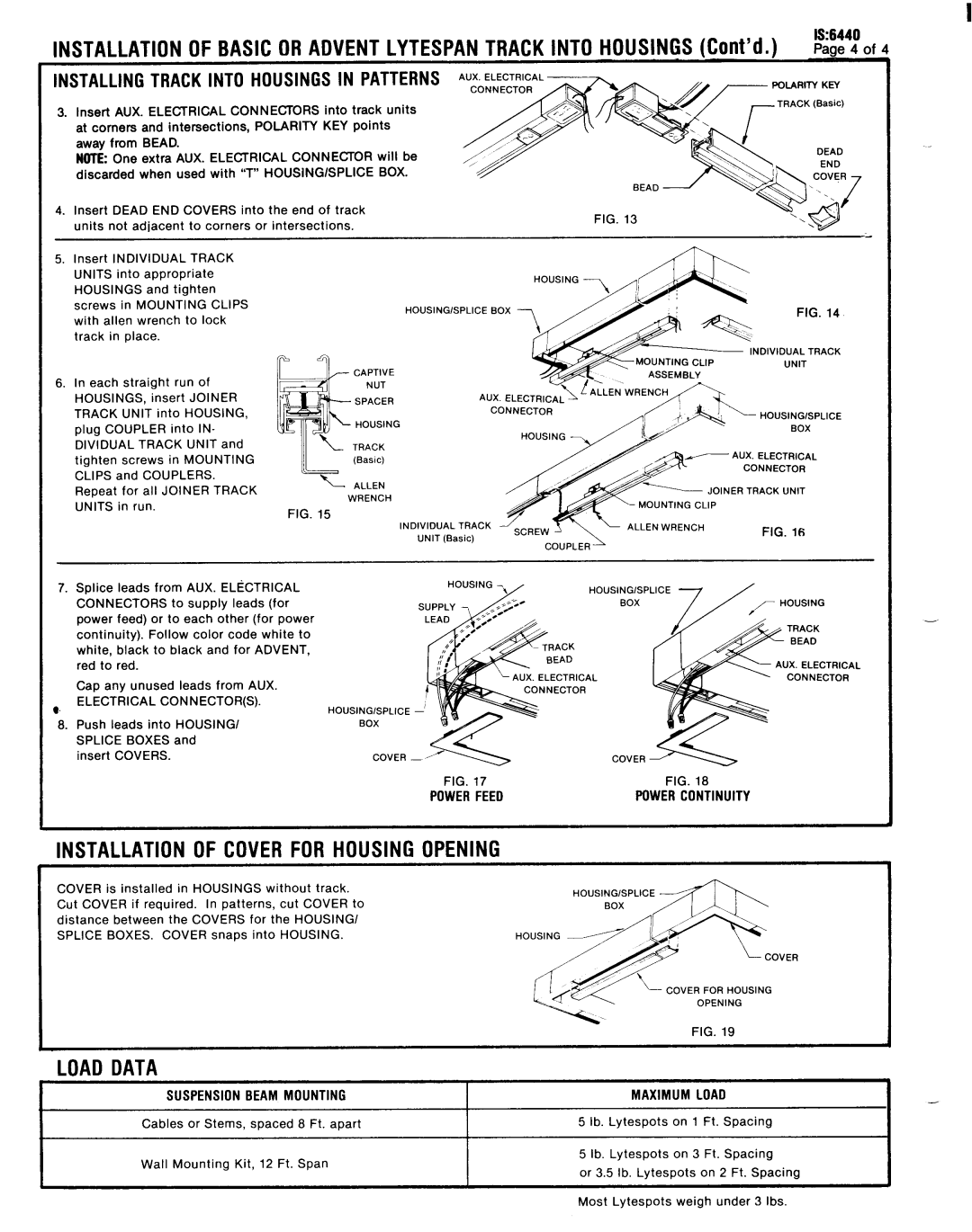 Lightolier IS:6440 instruction sheet Installation of Cover for Housing Opening, Load Data 