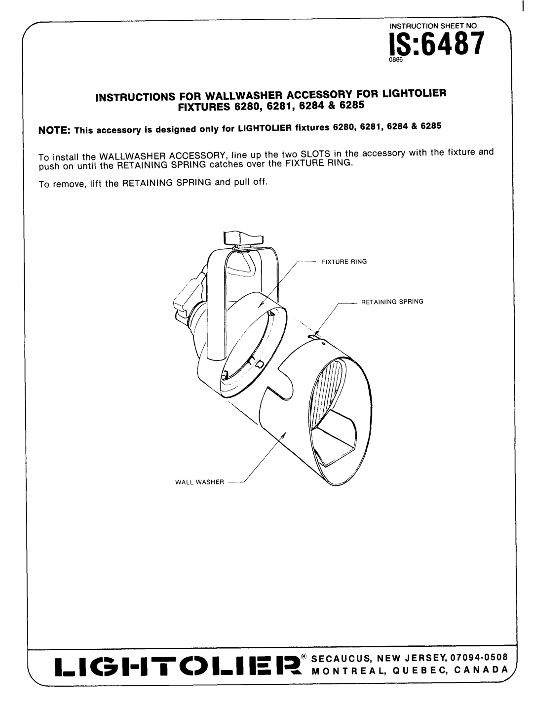 Lightolier IS:6487 manual IS6487, Instructions for Wallwasher Accessory for Lightolier, Fixtures 6280, 6281, 6284 