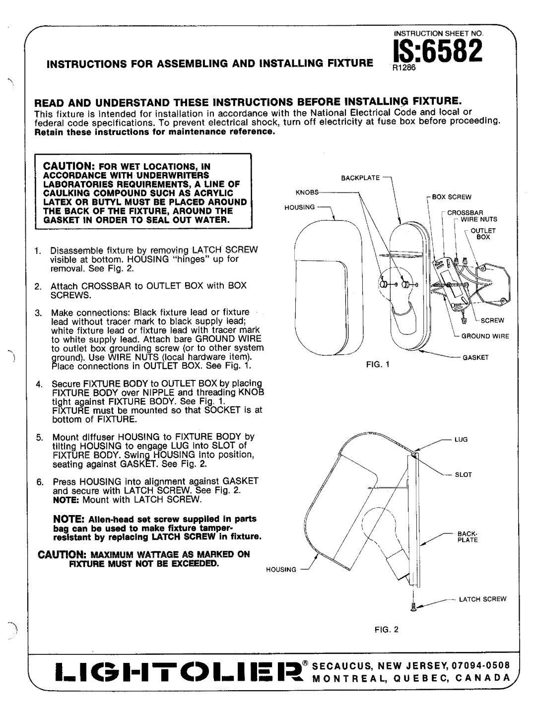 Lightolier IS:6582 instruction sheet IS6582, Instructionsheetno, Screws, Ground Wire 