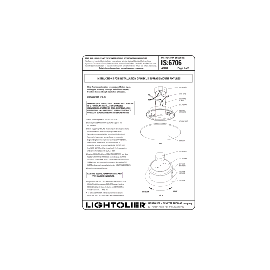 Lightolier IS:6706 instruction sheet IS6706, Type Marked on Fixture, UN-LOCK Lock, Outlet BOX 