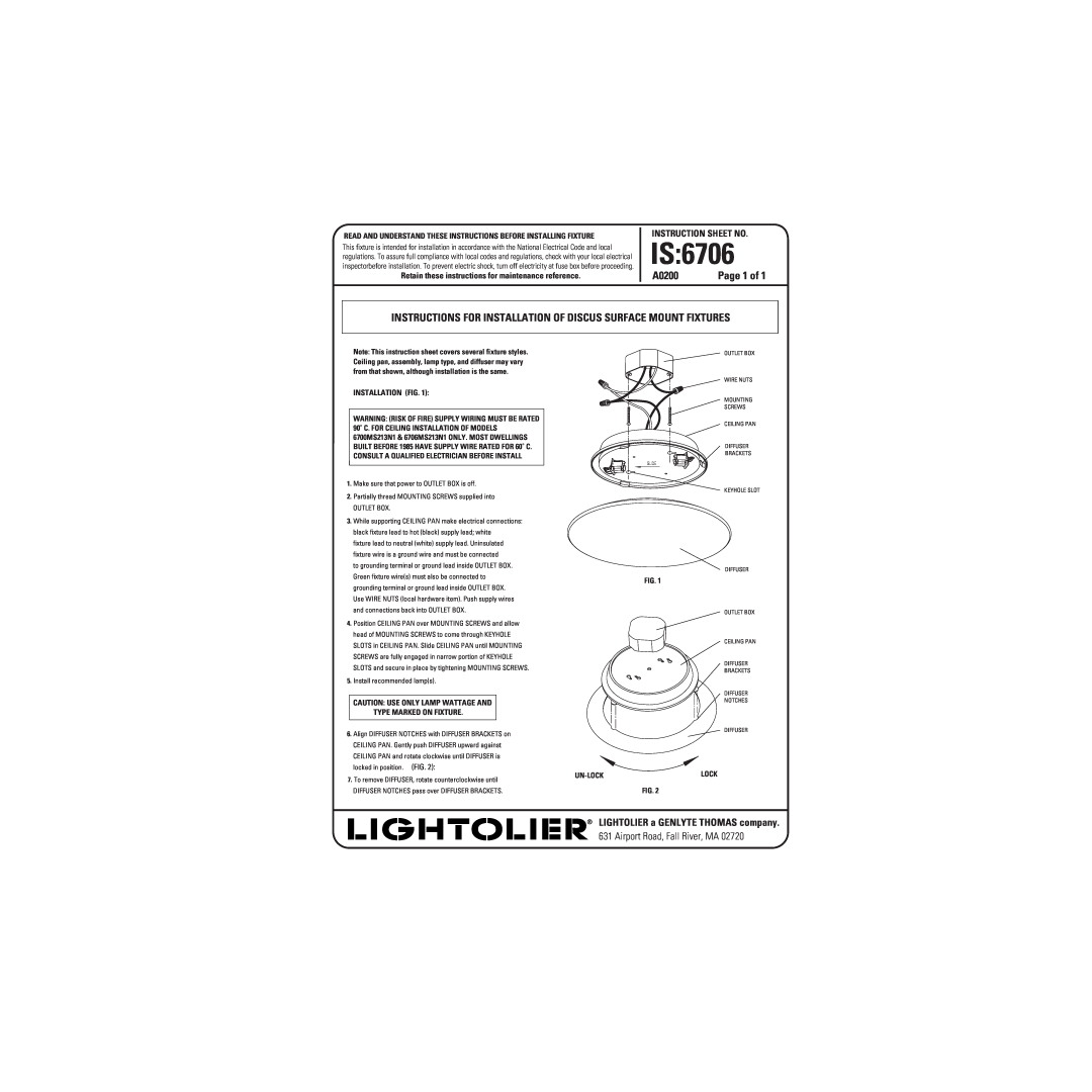 Lightolier IS:6706 instruction sheet Is, A0200, Airport Road, Fall River, MA, Instruction Sheet No, Page 1 of, Un-Lock 