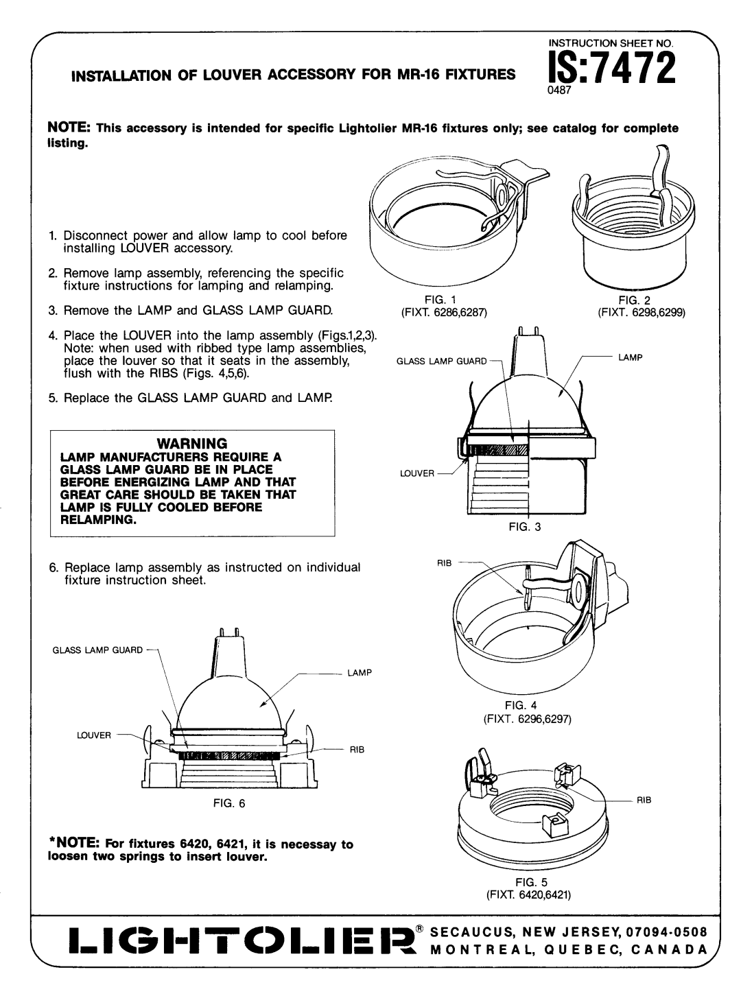 Lightolier IS:7472 instruction sheet Installation of Louver Accessory for MR-16 Fixtures IS7472, Fixt ,6287 