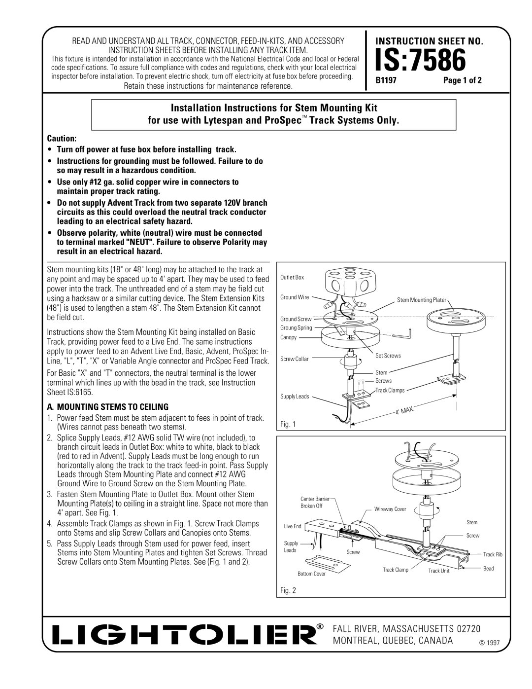 Lightolier IS:7586 instruction sheet IS7586, B1197, Turn off power at fuse box before installing track 