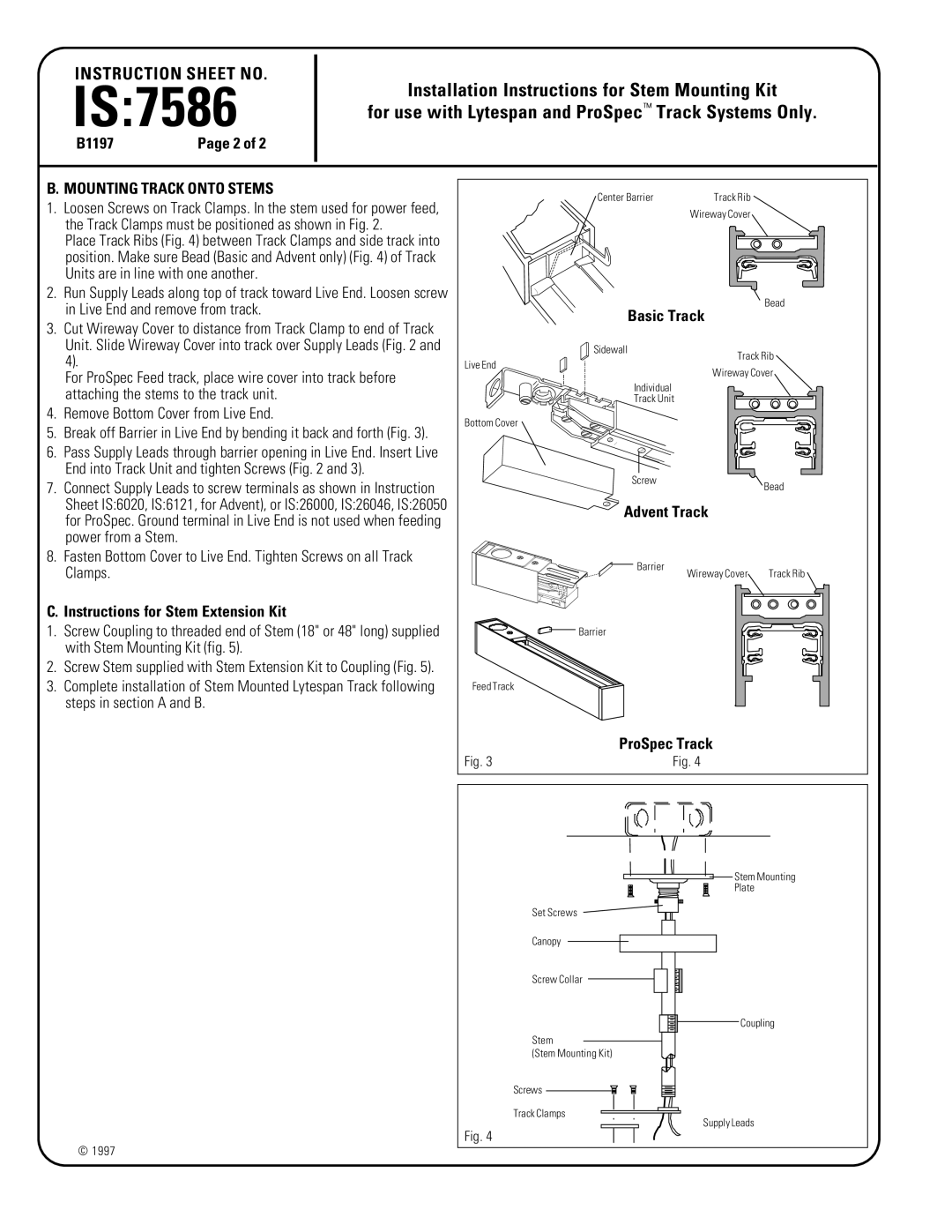 Lightolier IS:7586 Mounting Track Onto Stems, Instructions for Stem Extension Kit, Basic Track, Advent Track 