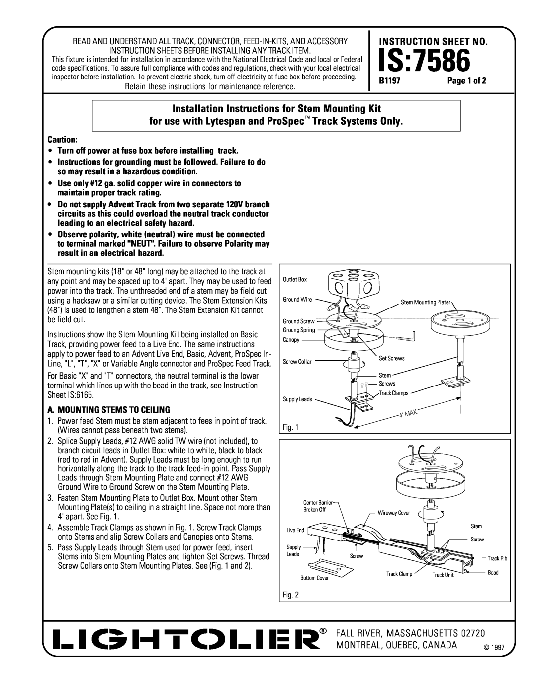 Lightolier IS:7586 instruction sheet Is, Installation Instructions for Stem Mounting Kit, Instruction Sheet No 