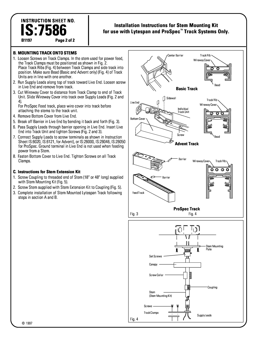 Lightolier IS:7586 Is, Installation Instructions for Stem Mounting Kit, Instruction Sheet No, B1197, Basic Track 