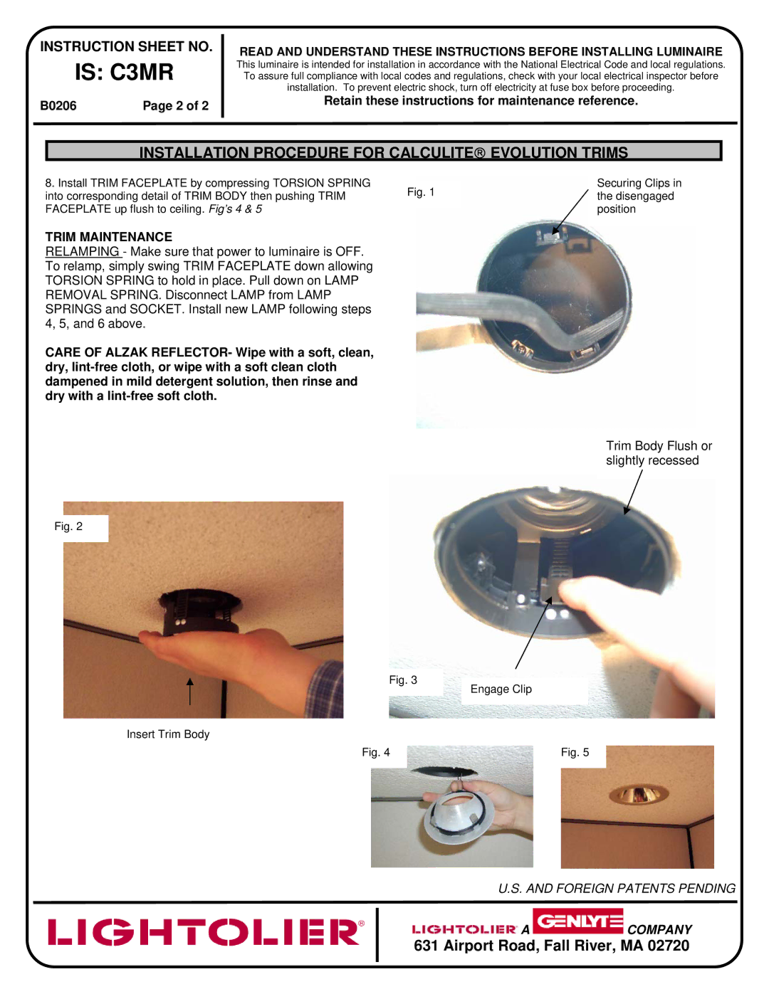 Lightolier IS:C3MR instruction sheet Is C3MR, Retain these instructions for maintenance reference, Trim Maintenance 