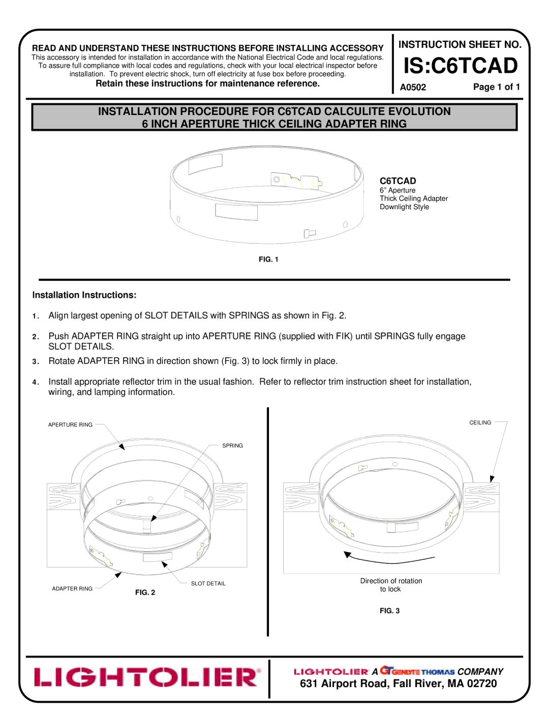 Lightolier IS:C6TCAD instruction sheet ISC6TCAD, Retain these instructions for maintenance reference, A0502 