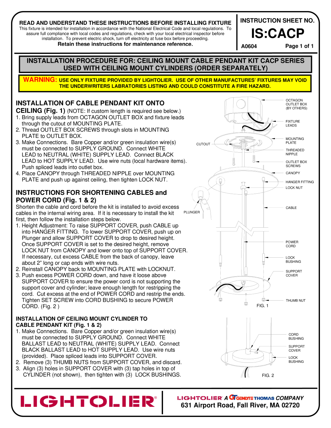 Lightolier IS:CACP instruction sheet Iscacp, Instructions for Shortening Cables and Power Cord 