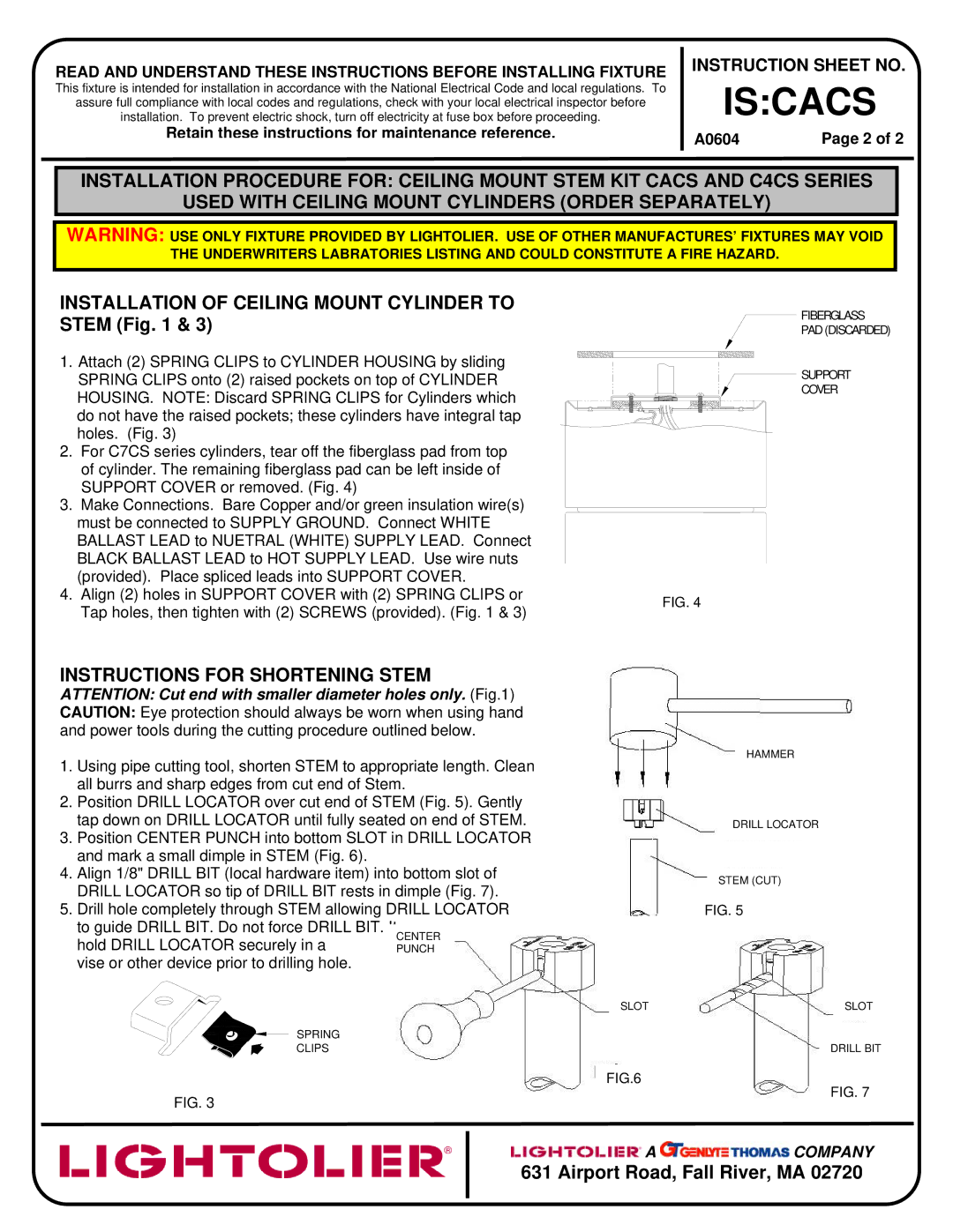 Lightolier IS_CACS instruction sheet Installation of Ceiling Mount Cylinder to Stem, Instructions for Shortening Stem 