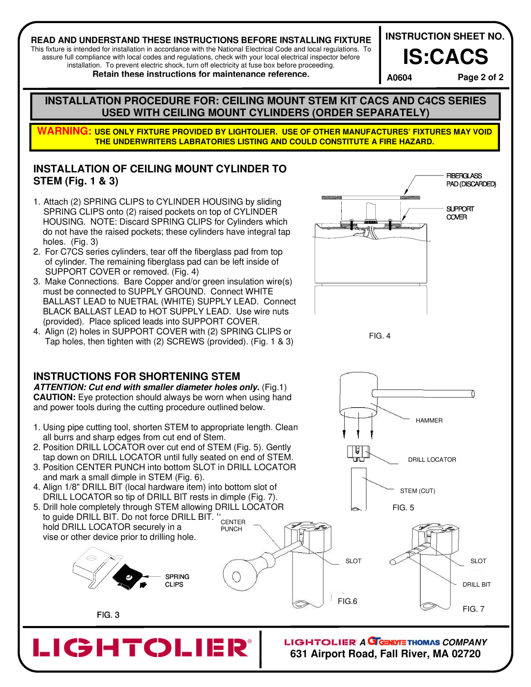 Lightolier IS_CACS Instructions For Shortening Stem, Page 2 of, Is Cacs, Airport Road, Fall River, MA, A0604, A Company 