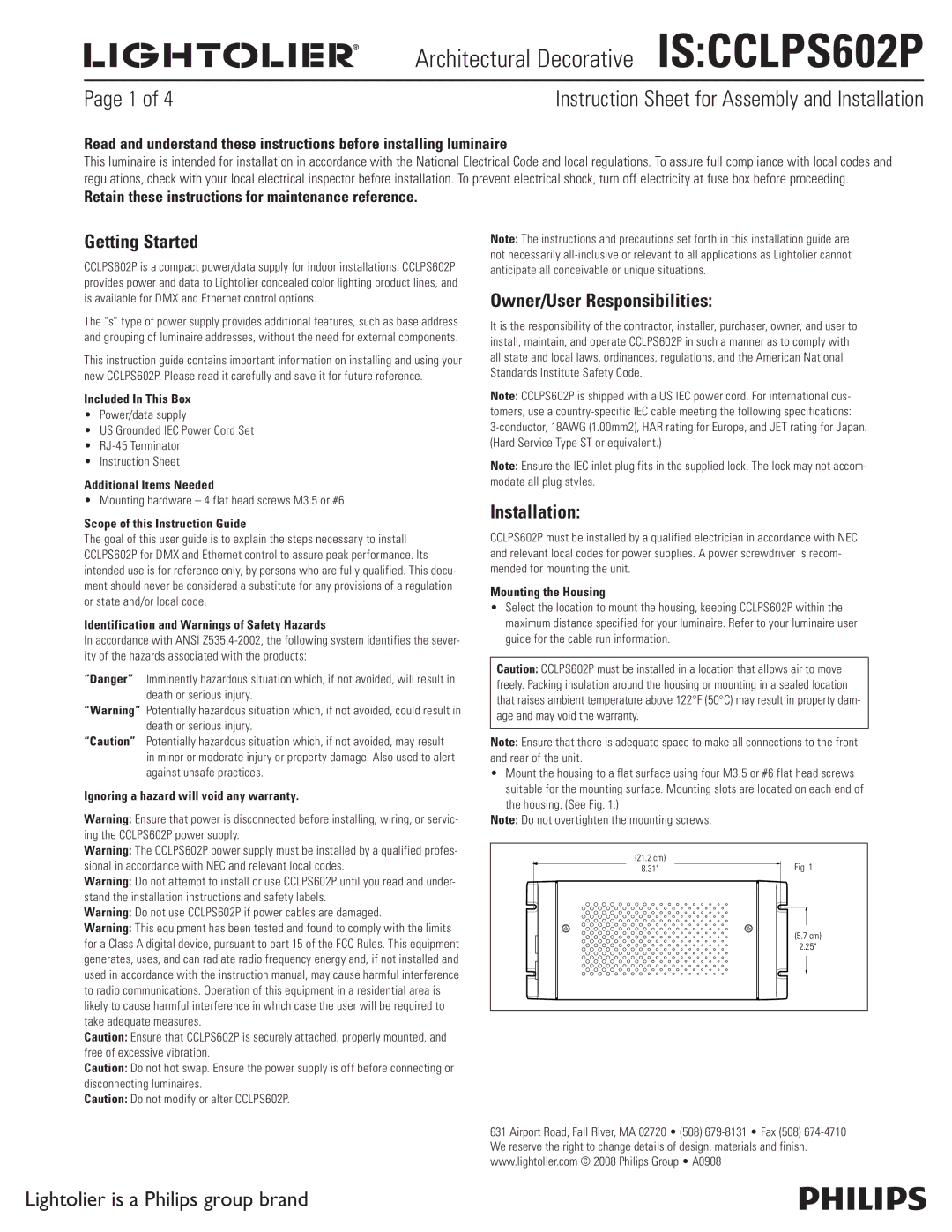 Lightolier IS:CCLPS602P instruction sheet Getting Started, Owner/User Responsibilities, Installation 