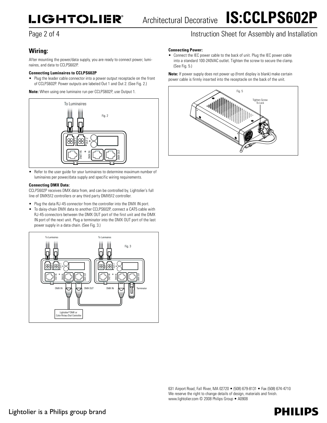 Lightolier IS:CCLPS602P instruction sheet Wiring, Connecting Luminaires to CCLPS602P, Connecting DMX Data, Connecting Power 