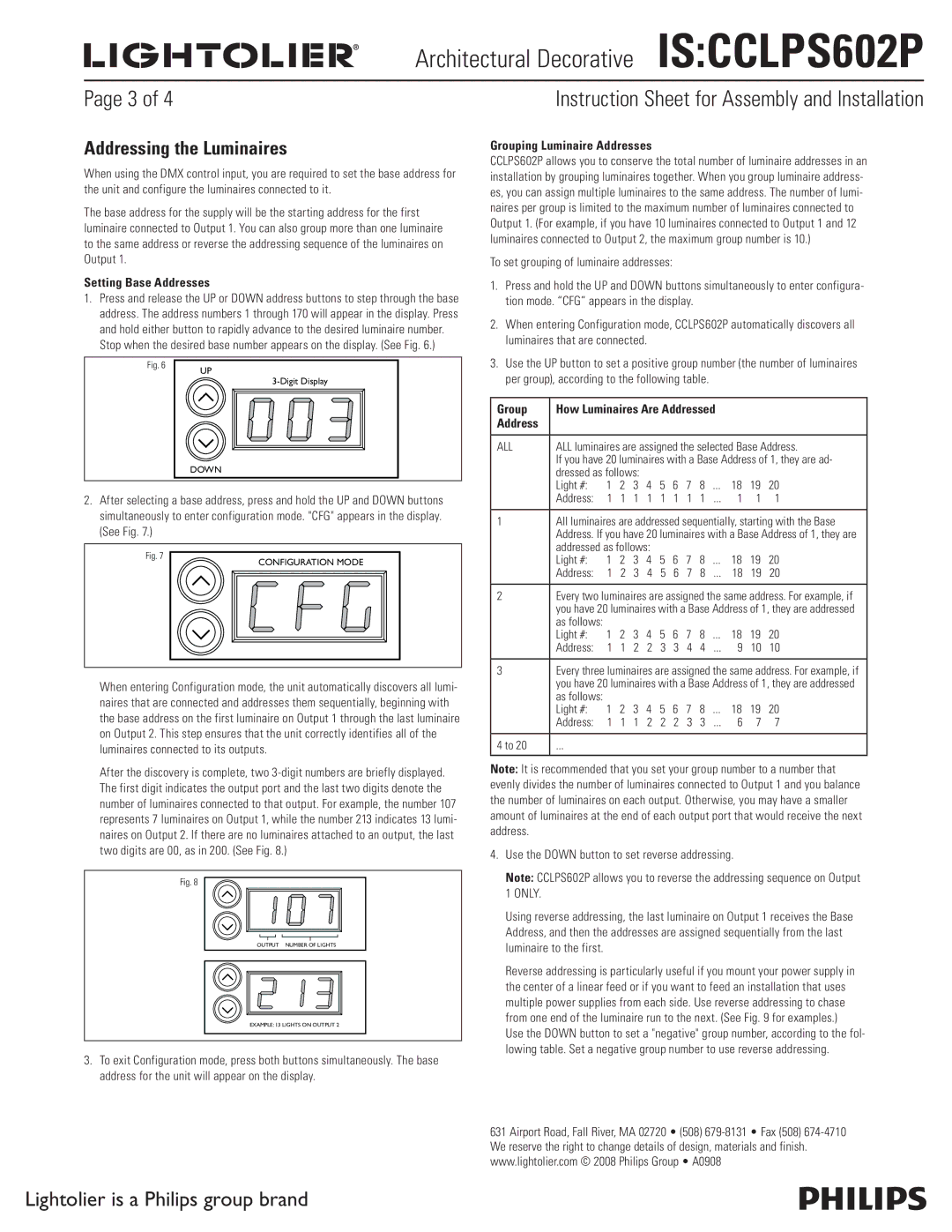 Lightolier IS:CCLPS602P instruction sheet Addressing the Luminaires, Setting Base Addresses, Grouping Luminaire Addresses 