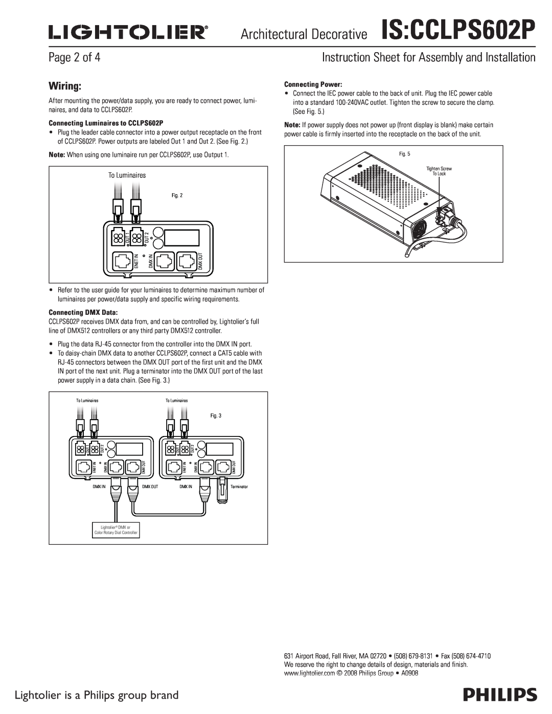 Lightolier IS:CCLPS602P instruction sheet Page 2 of, Instruction Sheet for Assembly and Installation, Wiring 