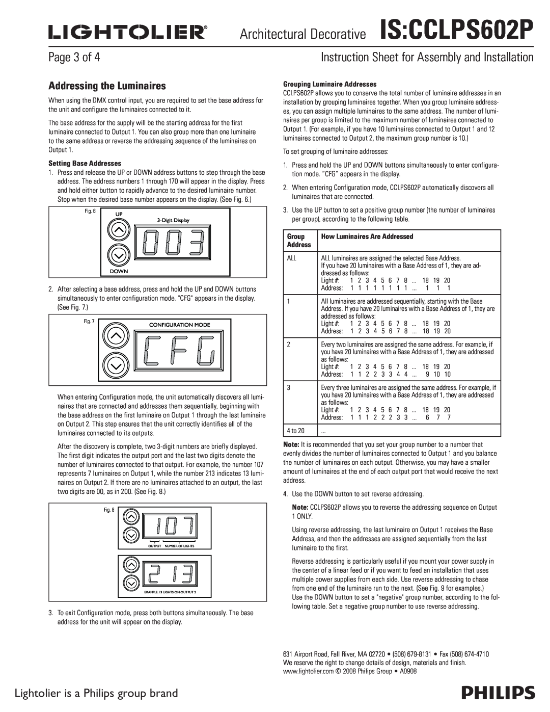 Lightolier IS:CCLPS602P instruction sheet Page 3 of, Addressing the Luminaires, Architectural DecorativeIS CCLPS602P 