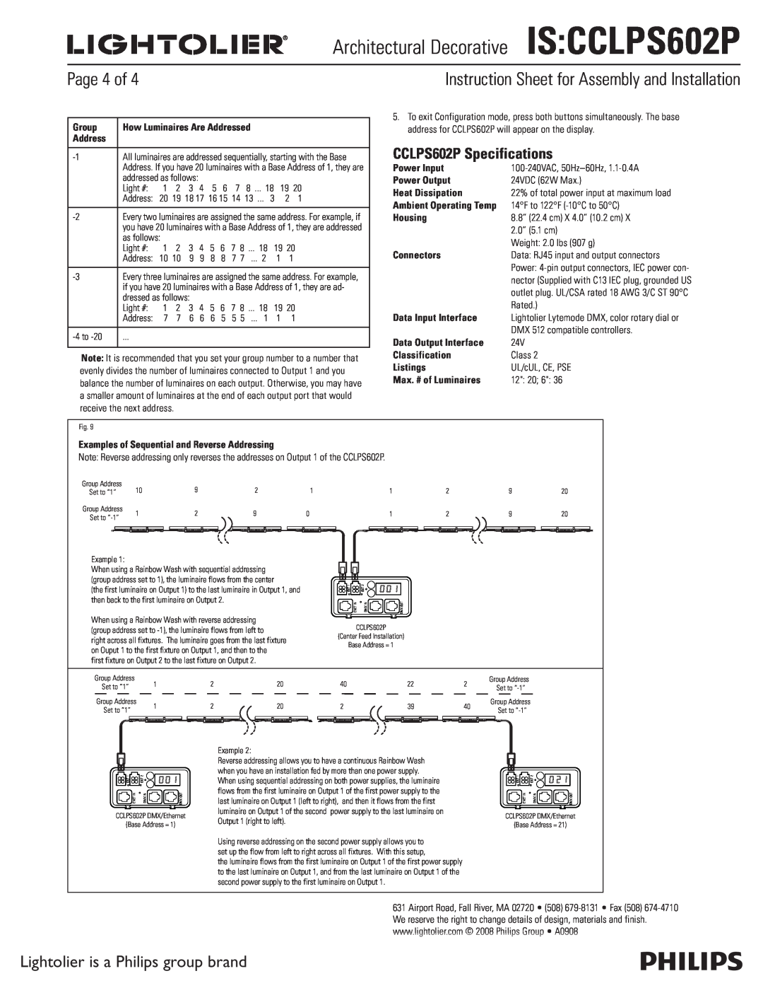 Lightolier IS:CCLPS602P instruction sheet Page 4 of, CCLPS602P Specifications, Architectural DecorativeIS CCLPS602P 