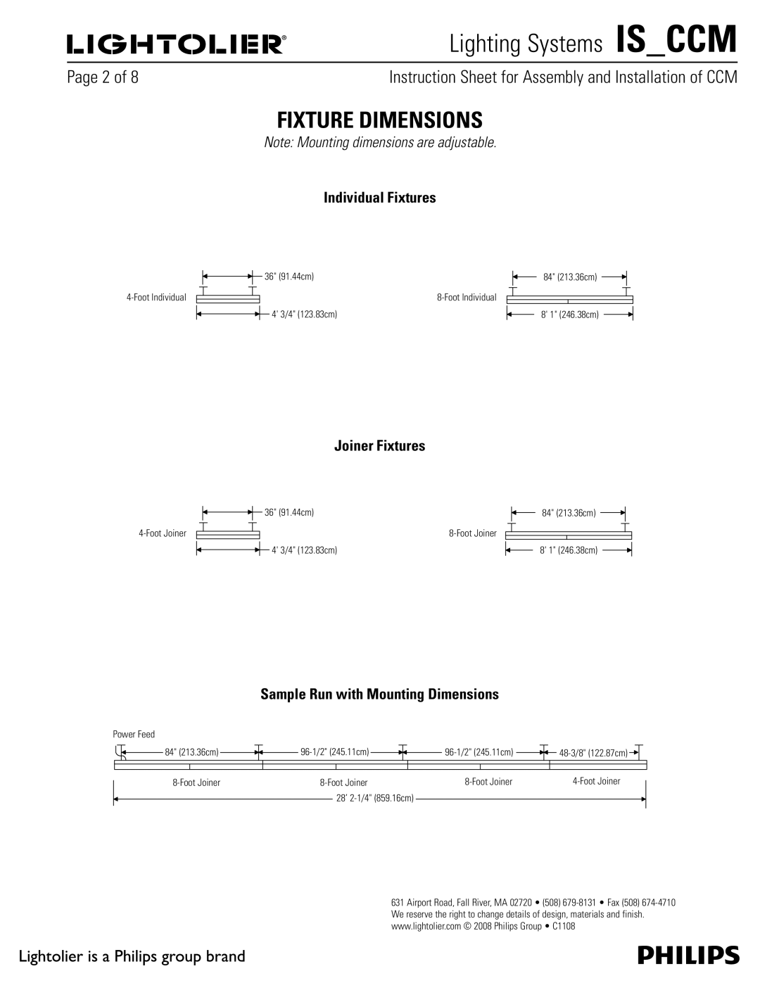 Lightolier IS_CCM manual Fixture Dimensions, Individual Fixtures, Joiner Fixtures, Sample Run with Mounting Dimensions 