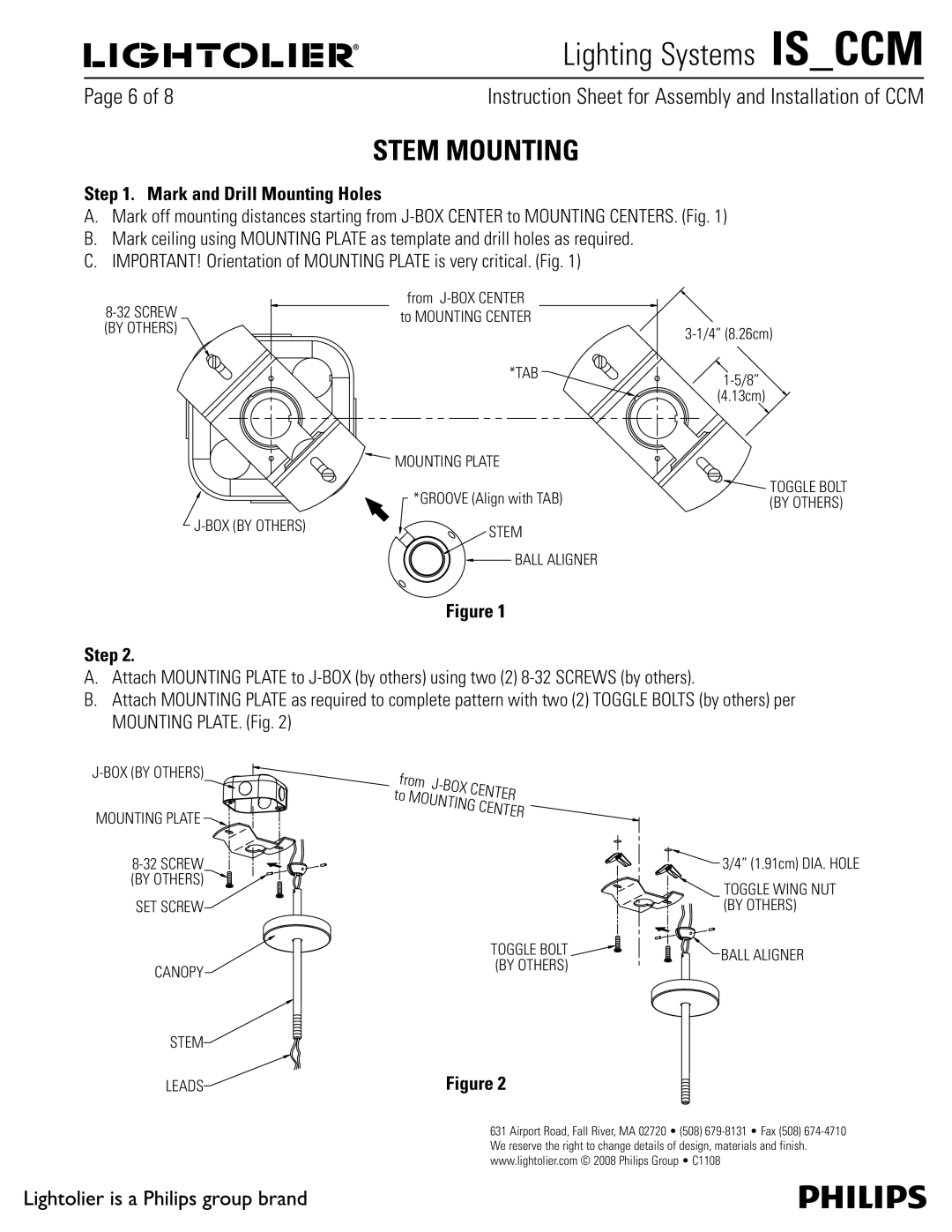 Lightolier IS_CCM manual Stem Mounting, Mark and Drill Mounting Holes, Step, 06/5*/1-5& JH 