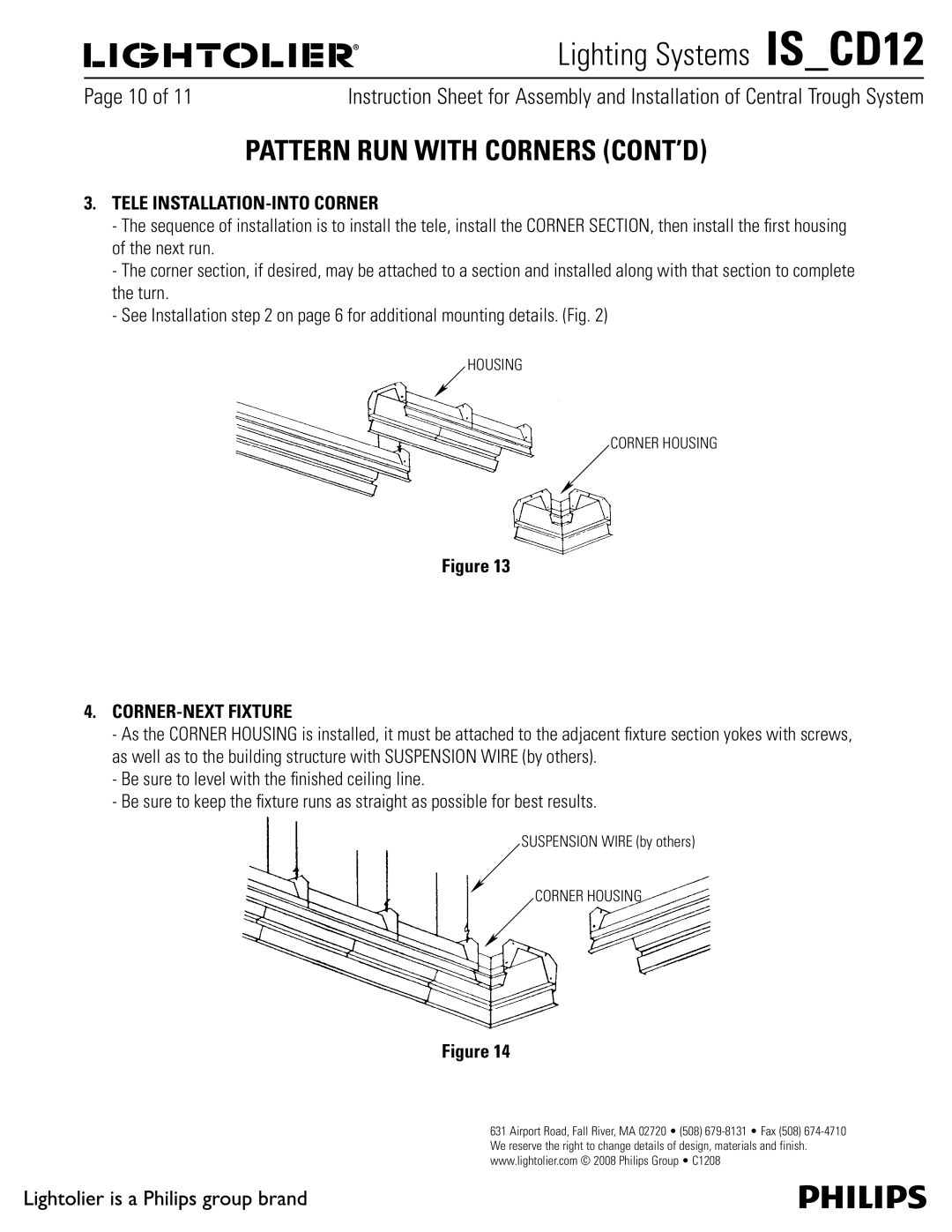 Lightolier IS_CD12 manual Pattern RUN with Corners CONT’D, Tele INSTALLATION-INTO Corner, CORNER-NEXT Fixture 