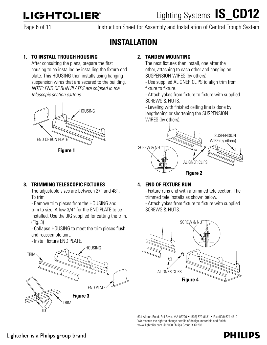 Lightolier IS_CD12 manual Installation, To Install Trough Housing, Trimming Telescopic Fixtures, Tandem Mounting 