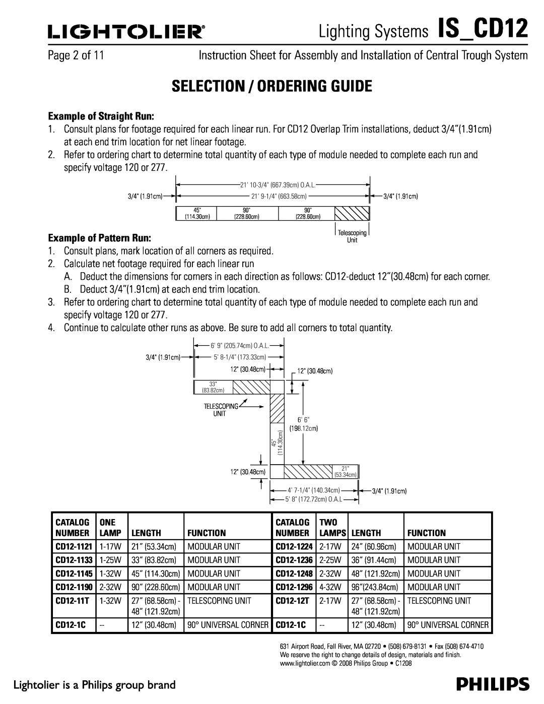 Lightolier IS_CD12 Selection / Ordering Guide, Example of Straight Run, Example of Pattern Run, Lighting Systems IS CD12 
