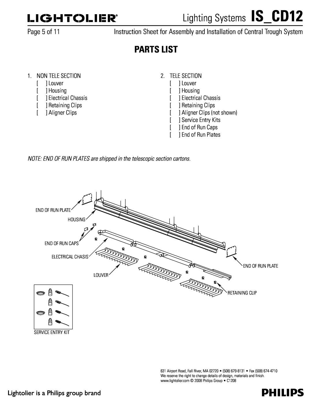 Lightolier IS_CD12 manual Parts List, Lighting Systems IS CD12 