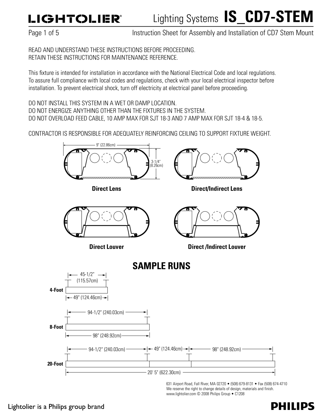 Lightolier IS_CD7-STEM manual Sample Runs, Direct Lens, Direct Louver 