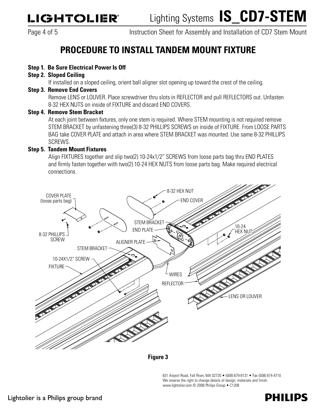 Lightolier IS_CD7-STEM manual Procedure to Install Tandem Mount Fixture, Tandem Mount Fixtures 