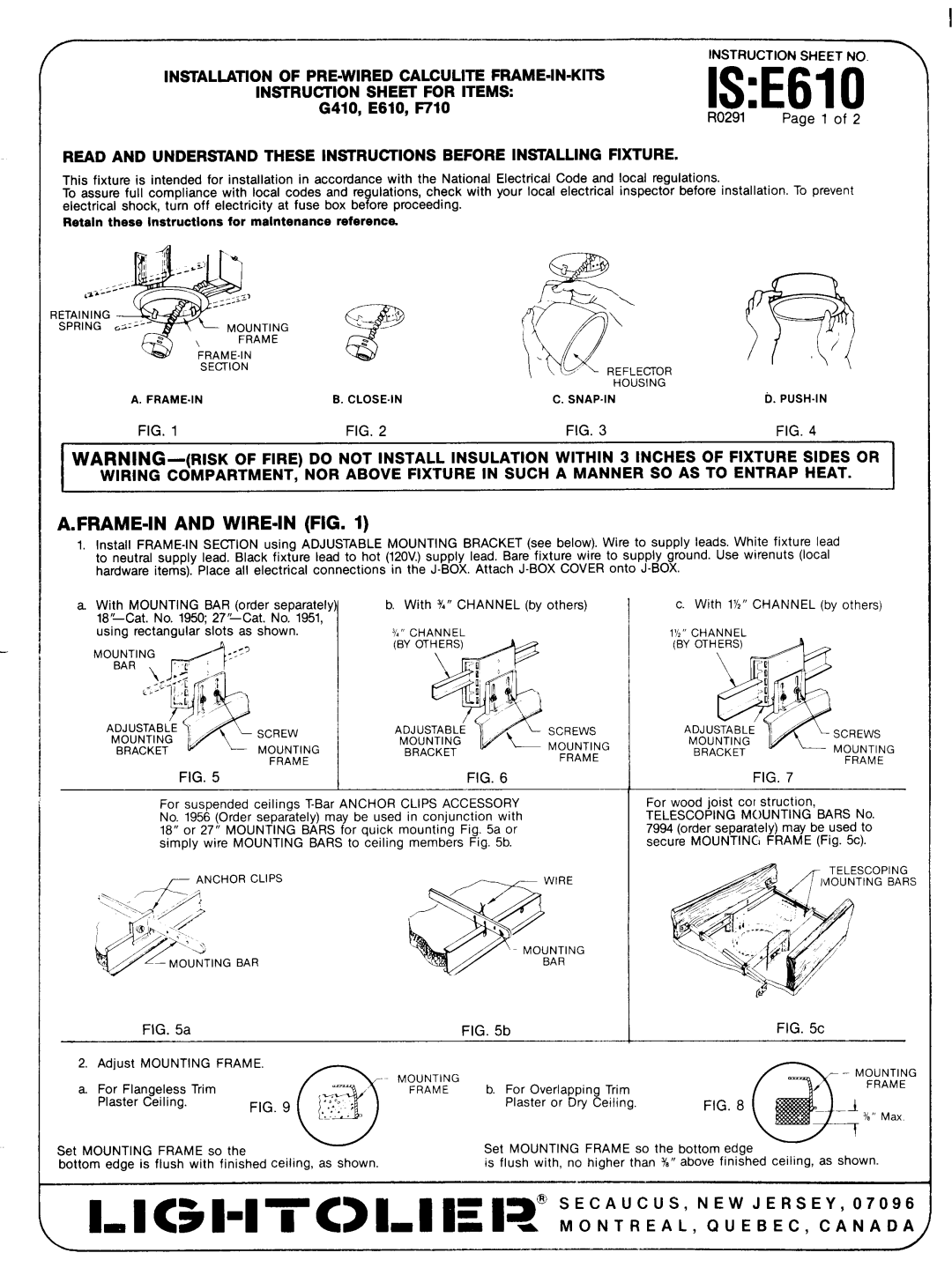 Lightolier IS:E610 instruction sheet ISE610, FRAME-IN and WIRE-IN FIG, Mounting, Frame 