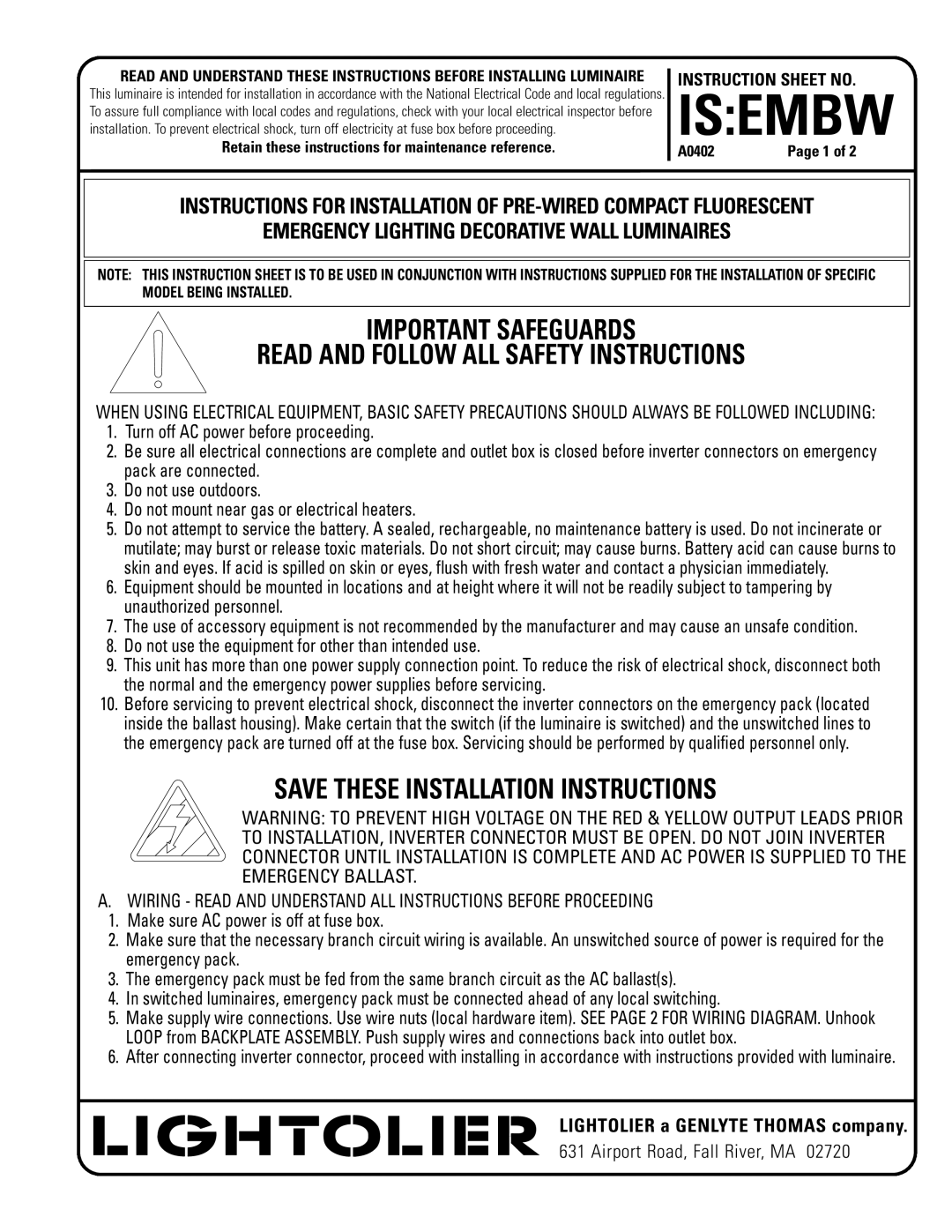 Lightolier IS:EMBW installation instructions Isembw, Save These Installation Instructions, Airport Road, Fall River, MA 