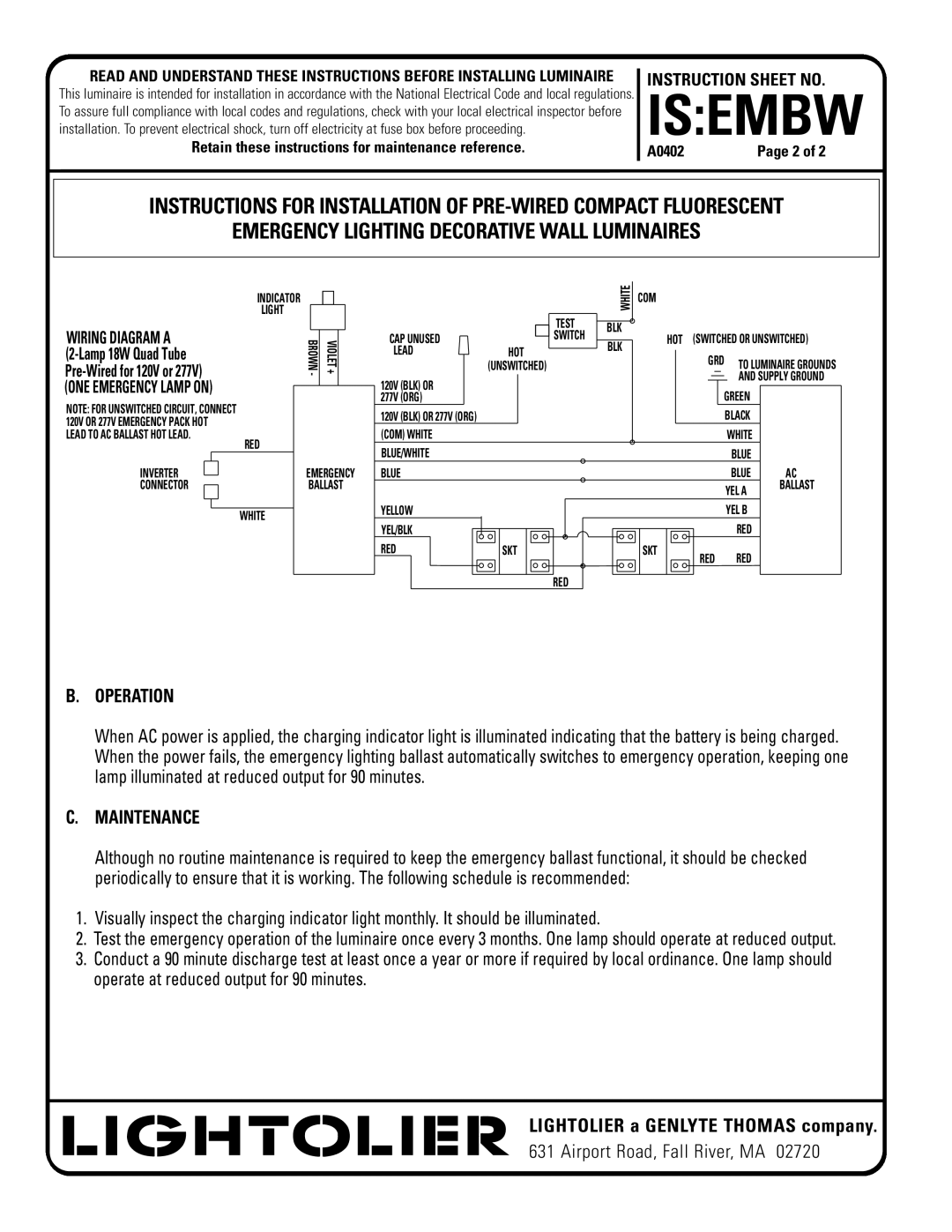 Lightolier IS:EMBW installation instructions Operation, Maintenance, Wiring Diagram a, Lamp 18W Quad Tube 