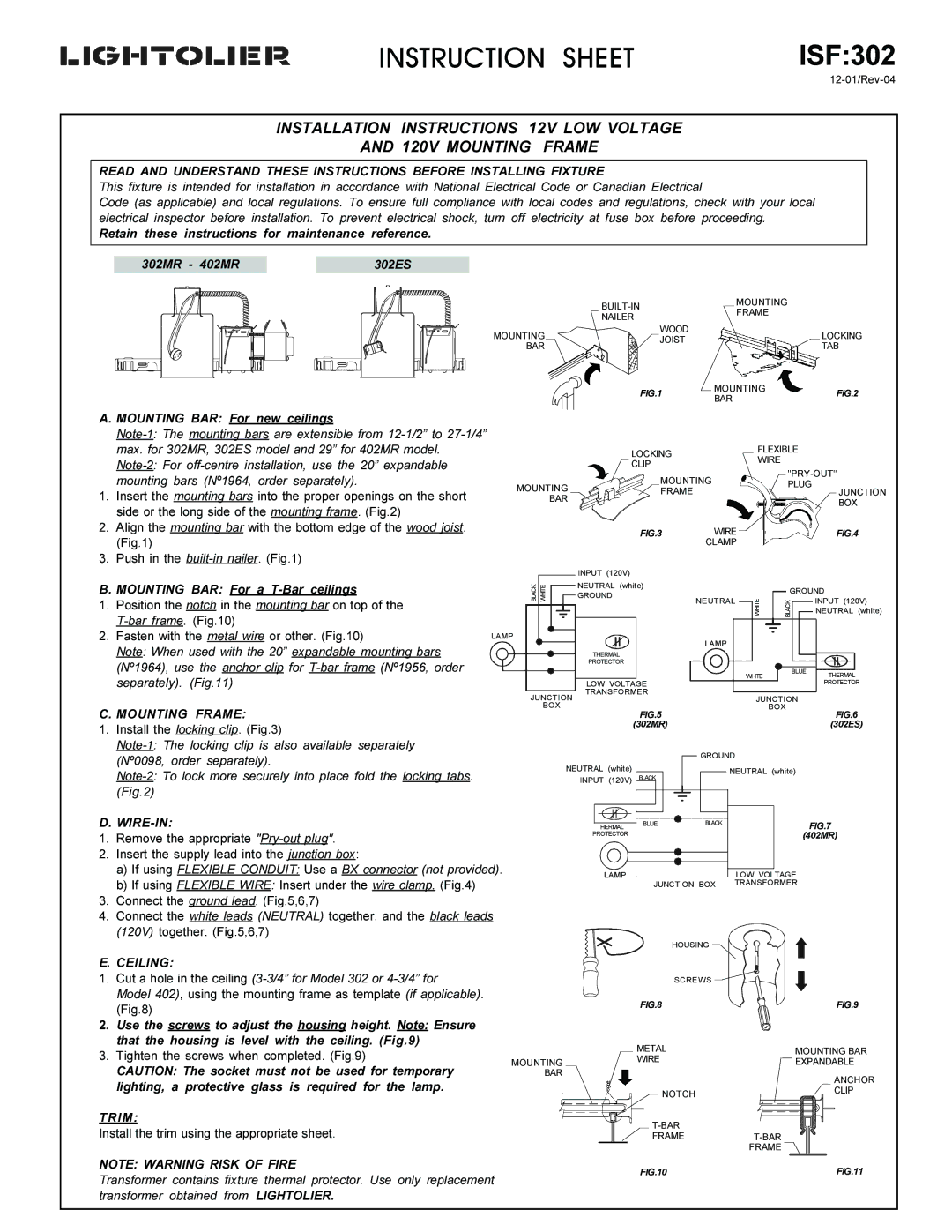 Lightolier ISF:302 installation instructions Mounting Frame, Wire-In, Ceiling, Trim 