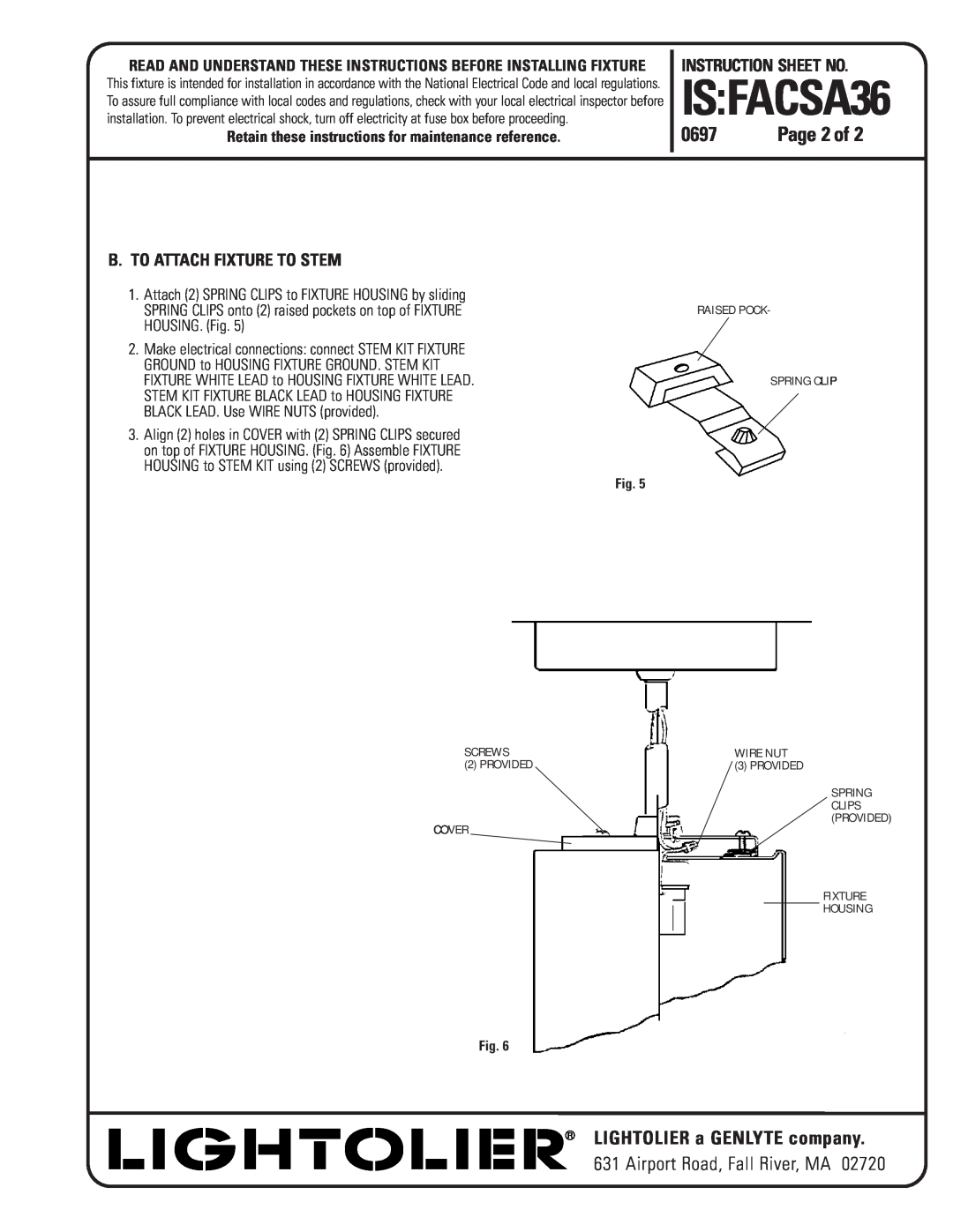 Lightolier IS:FACSA36 B.To Attach Fixture To Stem, Page 2 of, IS FACSA36, LIGHTOLIER a GENLYTE company, 0697 