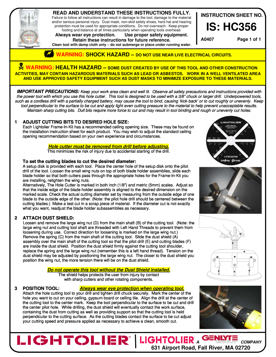 Lightolier IS:HC356 instruction sheet IS HC356, Airport Road, Fall River, MA, Read And Understand These Instructions Fully 