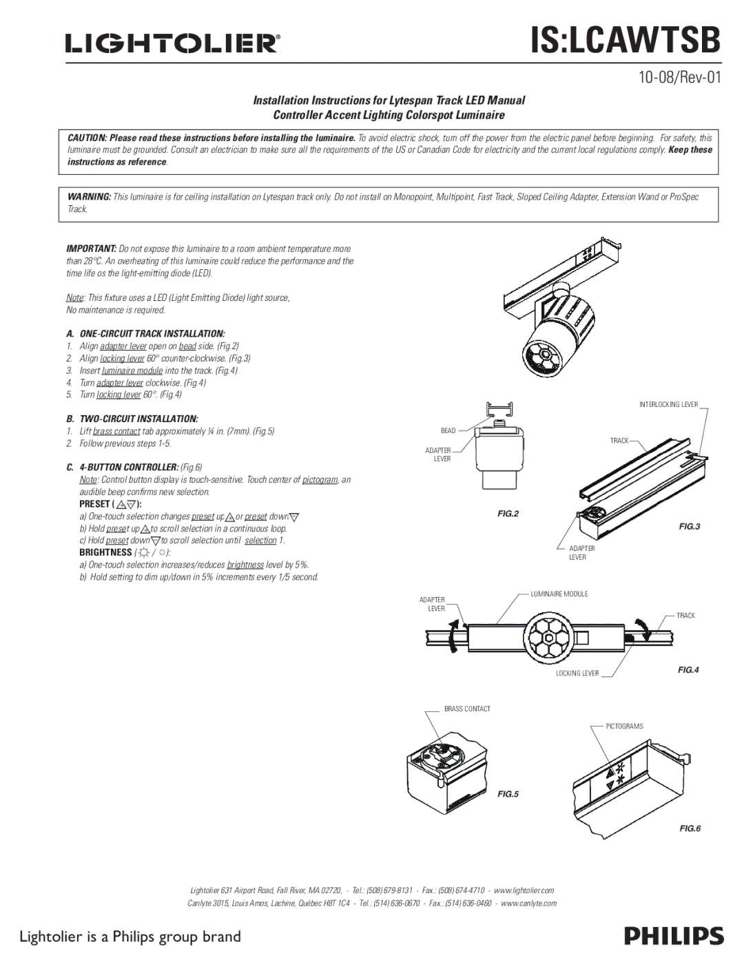 Lightolier IS:LCAWTSB installation instructions Islcawtsb, 10-08/Rev-01, ONE-CIRCUIT Track Installation, Preset 