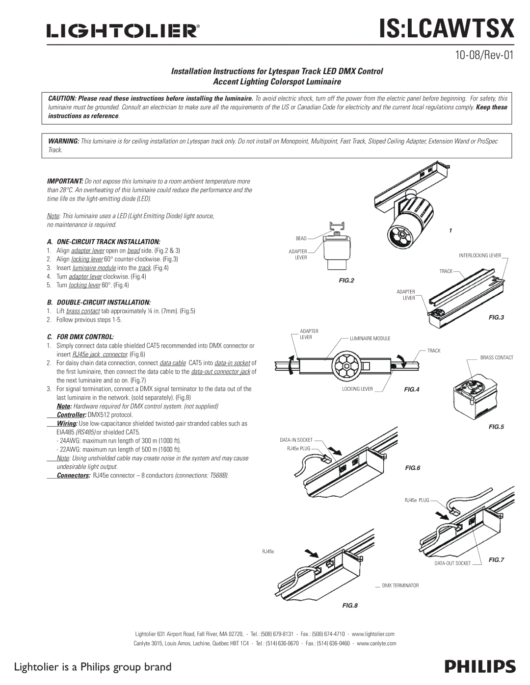 Lightolier IS:LCAWTSX installation instructions Islcawtsx, 10-08/Rev-01, ONE-CIRCUIT Track Installation, For DMX Control 