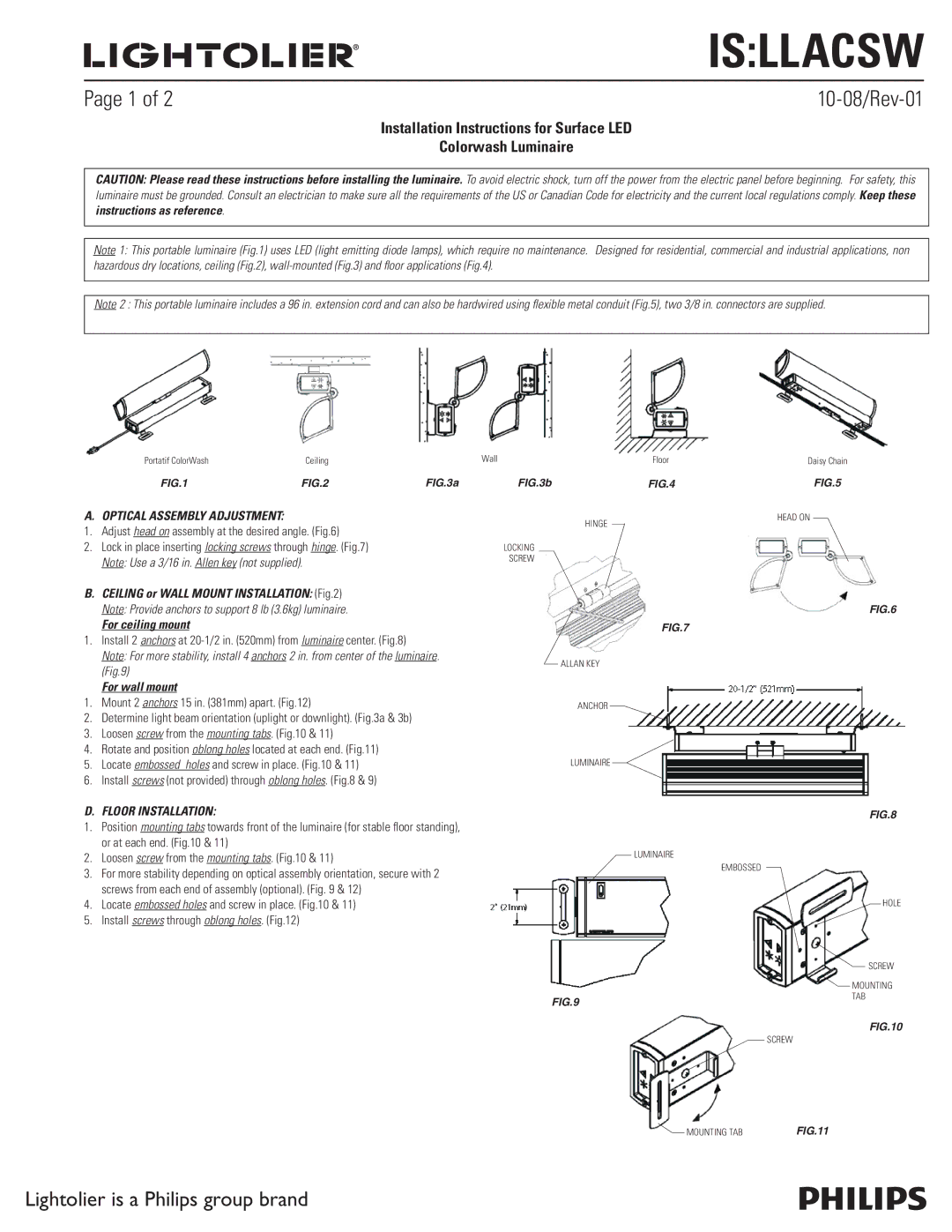 Lightolier IS:LLACSW installation instructions Optical Assembly Adjustment, For wall mount, Floor Installation 