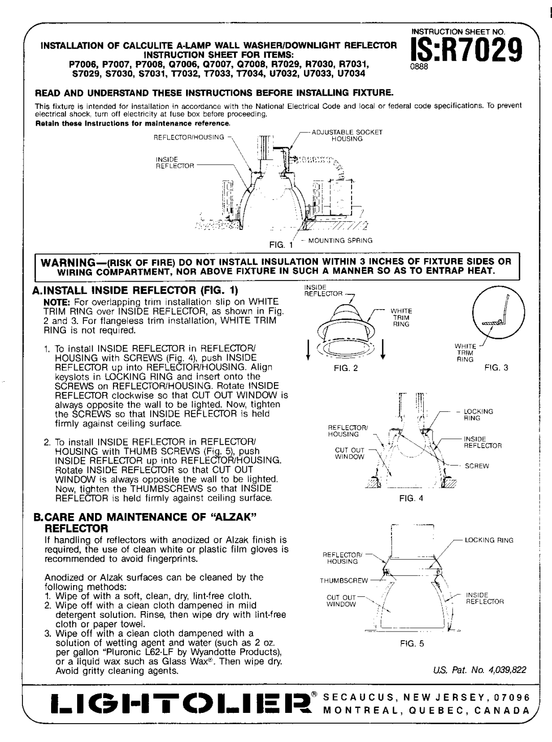 Lightolier IS:R7029 instruction sheet Install Inside Reflector FIG, Care and Maintenance of Alzak Reflector 