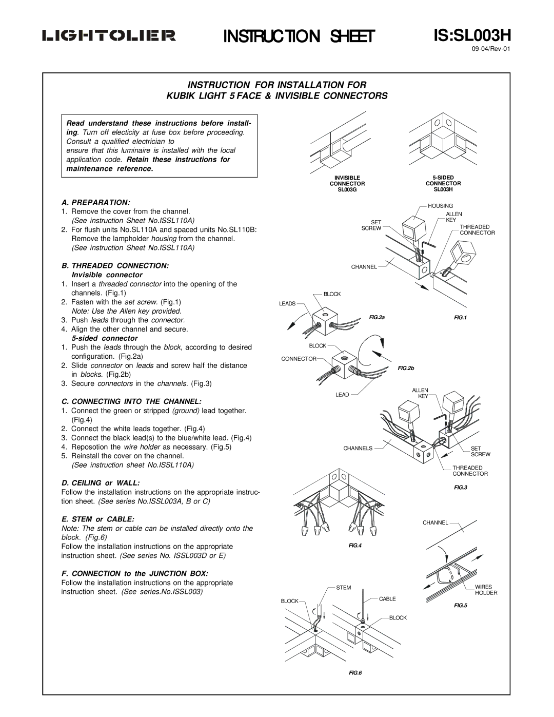 Lightolier IS:SL003H instruction sheet Preparation, Threaded Connection, Connecting Into the Channel 